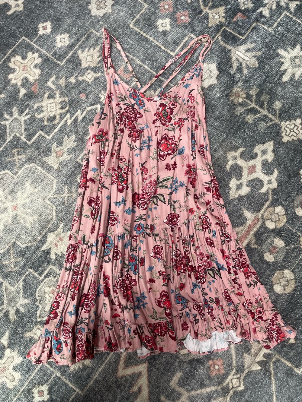 American Eagle Outfitters Pink Floral Tiered Sundress with Blue & Red Accents